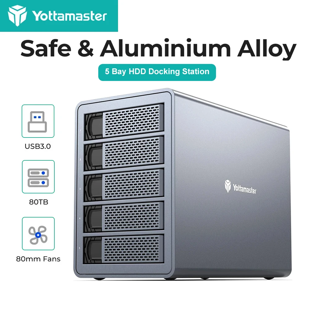 Yottamaster 5-Schacht-Festplattengehäuse USB3.1 (GEN2) Typ-C Externes Festplattengehäuse unterstützt 2,5 Zoll/3,5 Zoll SATA SSD 80 TB Datenspeicherung Image