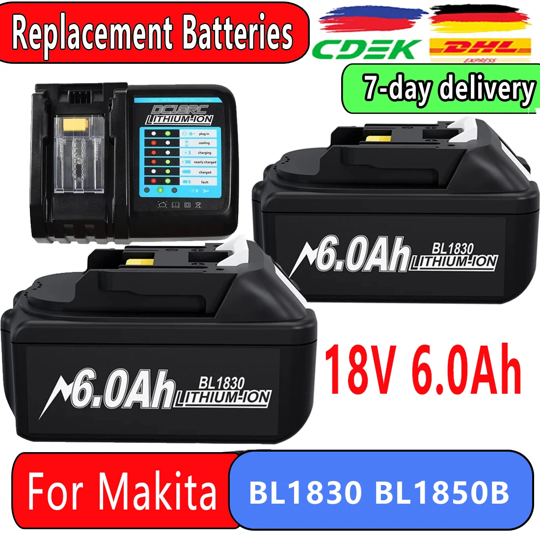 18V 6,0Ah Leistungsstarker Ersatz für Makita, kompatibel mit Makita Akku BL1860 BL1850B BL1830 Serie, Ersatzakku Image
