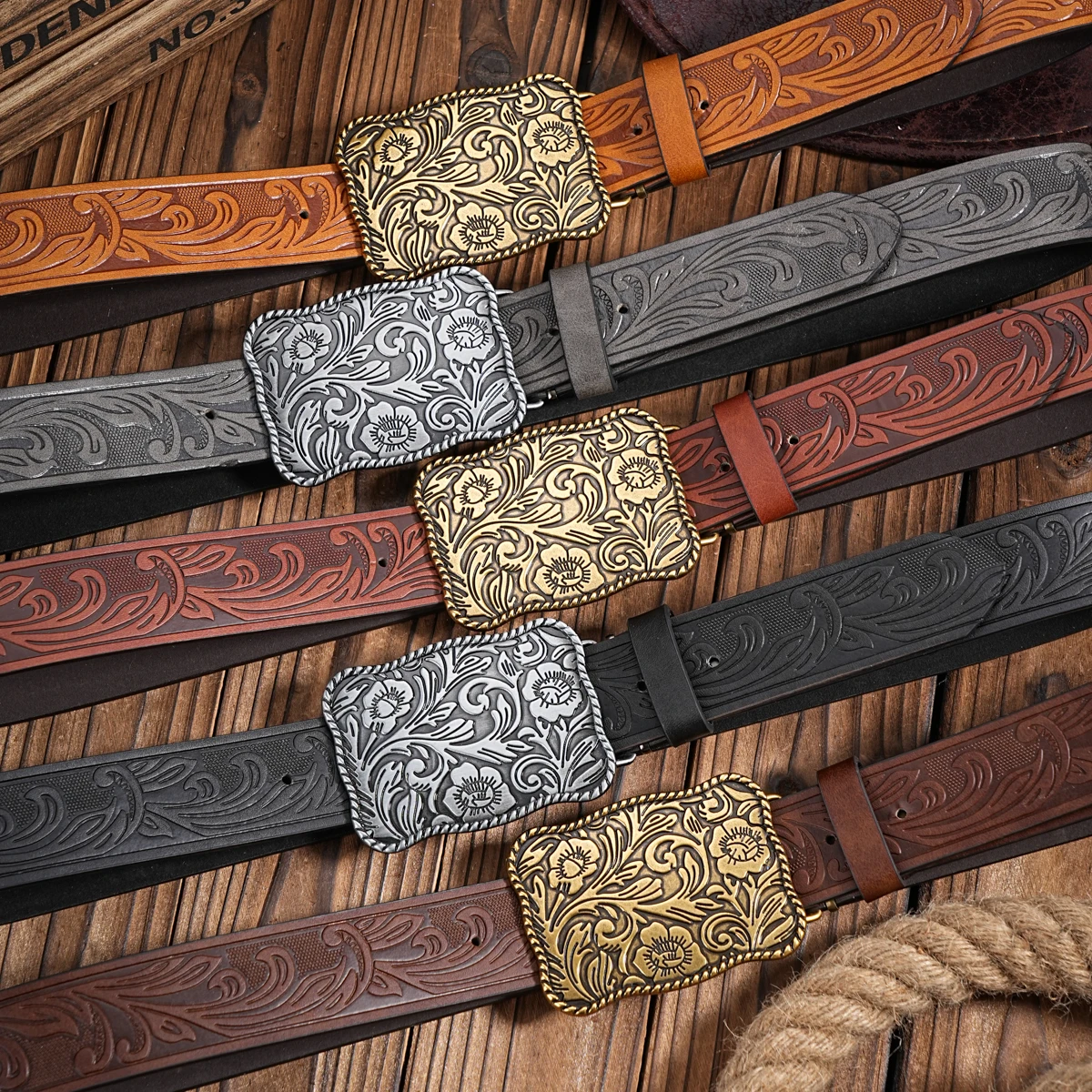 Western-Cowboy-Gürtel aus Leder mit Schnalle, Pferdemuster, floral gravierter Schnallengürtel für Männer und Frauen Image