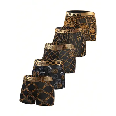 Herren-Luxus-Unterwäsche aus Baumwolle mit schwarzem und goldfarbenem Aufdruck, antibakterielle, atmungsaktive Boxershorts, 5er-Pack Image