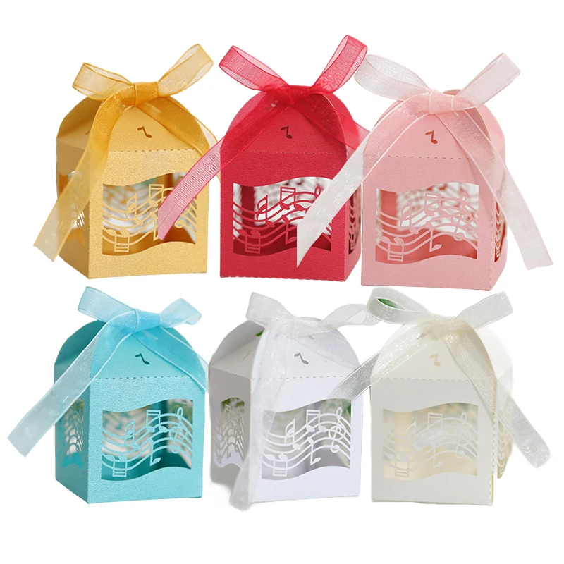 50/100 Stück lasergeschnittene Musiknoten, Süßigkeitenboxen, Lehrertag, Stab, Geschenkboxen mit Band, Hochzeit, Geburtstag, Party-Dekoration Image