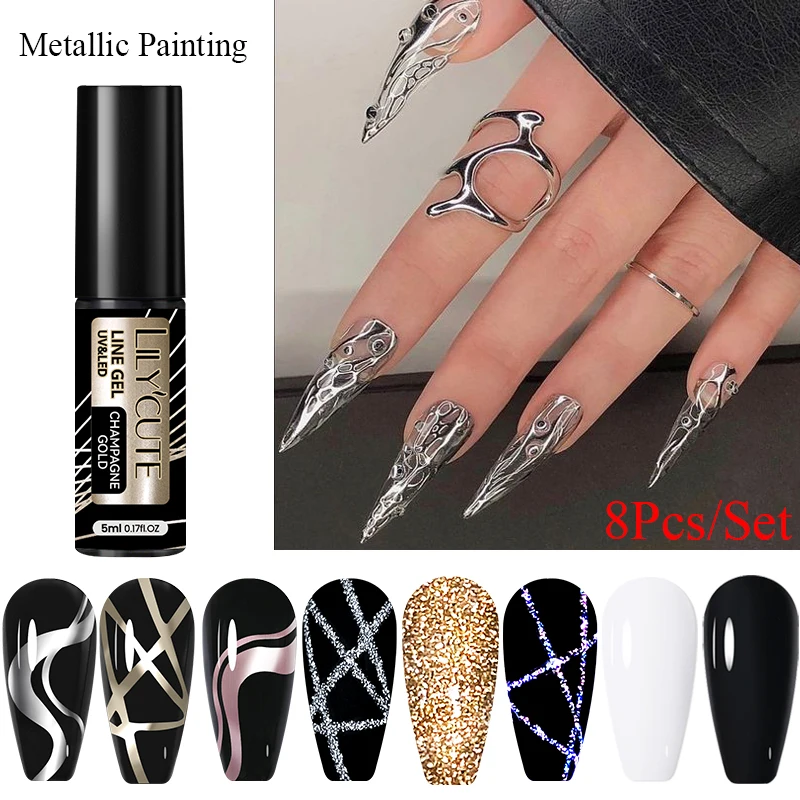 LILYCUTE 8 Stück 5 ml Metallmalerei, reflektierender Glitzer-Liner-Gel-Nagellack, funkelndes französisches Linien-Gel, semi-permanente Nagelkunst Image