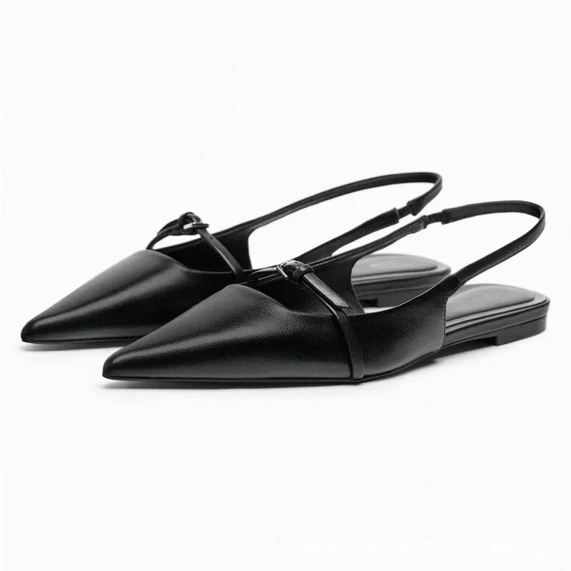 Slingback Flachen Boden Frauen Sandalen Sommer Schwarz Leder Spitz Frau Ballett Schuhe Mode Low-ferse Frau Schuhe
