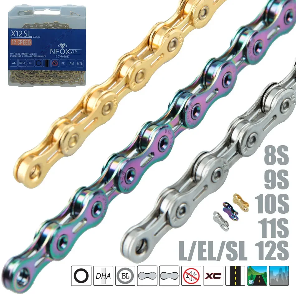 Nfox Mountain Road Fahrradkette x 8 9 10 11 12 24 30 33 Geschwindigkeit el halb hohl sl ultraleichte Glieder mtb Racing Gold Silber Image