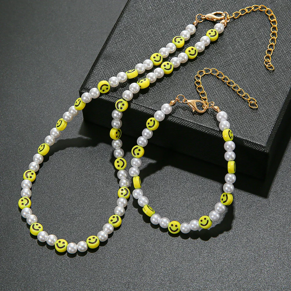 Lustige Perle lächelndes Gesicht Halskette Armband für Frauen Männer Vitalität bunte Lächeln Perlen Halsband Zubehör Modeschmuck Sets Image
