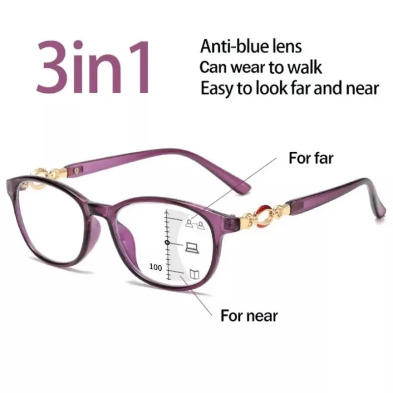 Fg neue 3 in 1 progressive multifokale Lesebrille Frauen Anti-Blau-Brille leicht zu weit und in der Nähe von 1,0 bis 4,0 aussehen Image