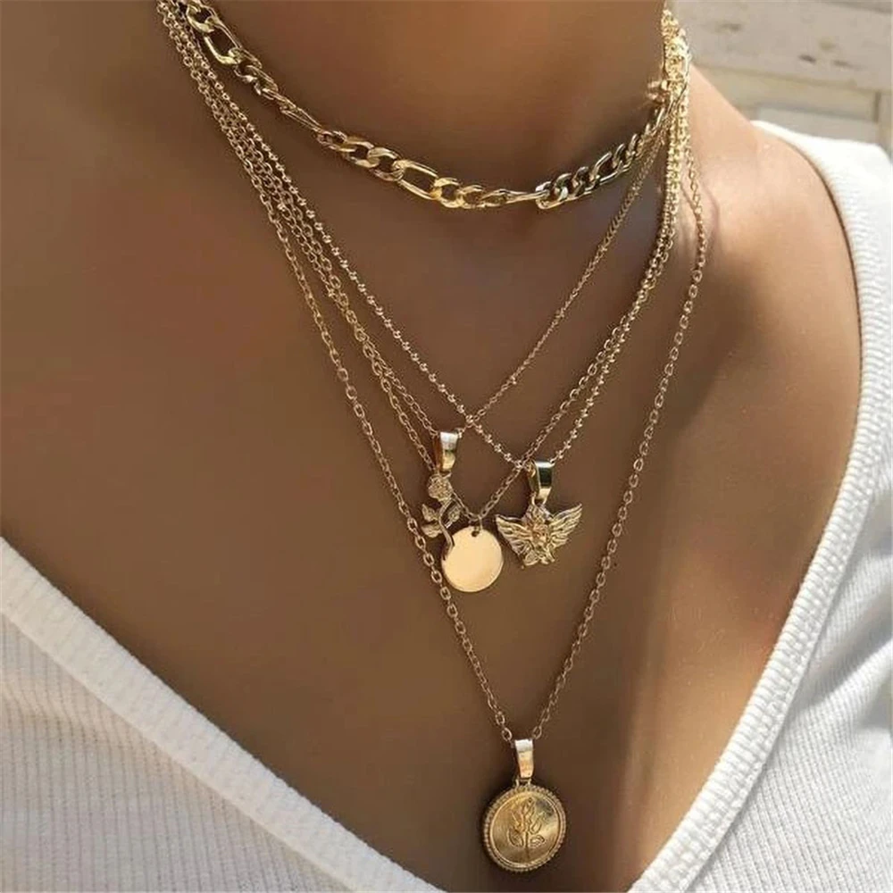 Neue Vintage Gold platte Münze Rose Engel Scheibe Anhänger Halsketten für Frauen weibliche mehrstufige Kette Kragen Schmuck Geschenk Großhandel
