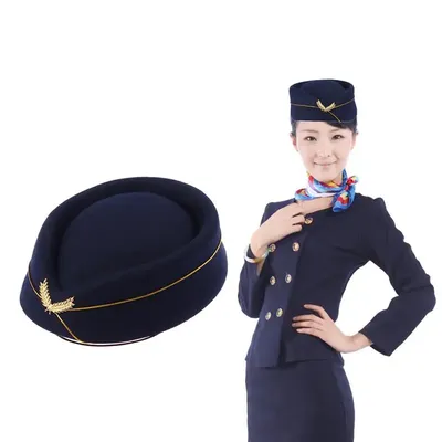 Frauen Air Stewardess Hut Woolen Flight Attendant Hut Stewardess Kappe für Kostüm Cosplay Musical Leistung-Größe M(Navy blau) Image