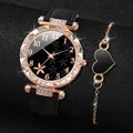 2 teile/satz Luxus Strass Blume Zifferblatt Frauen Uhren Herz Armband Set weibliche Lederband