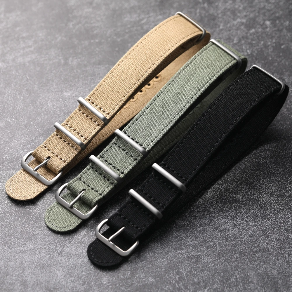 Handgefertigtes reines Canvas-Armband, 20 mm, 22 mm, Schwarz, Khaki, Grün, Grau, G10, atmungsaktiv, weich, Vintage-Armband, Herren-Taucheruhrenkette