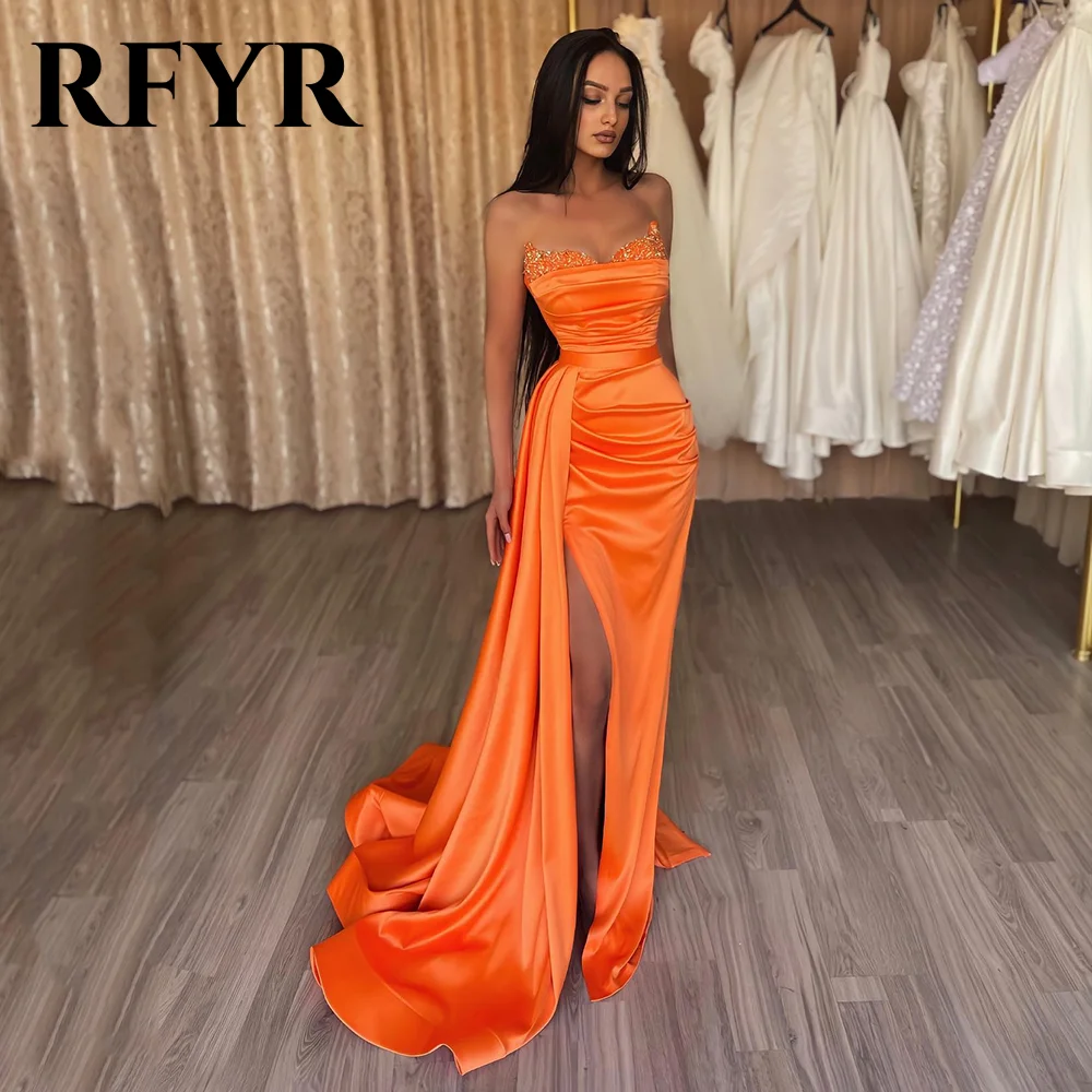 RFYR Meerjungfrau Orange Abendkleider für Frauen Fleck Charmantes Ballkleid Sexy Partykleid mit Perlen Hoher Schlitz Maßgeschneidert Image