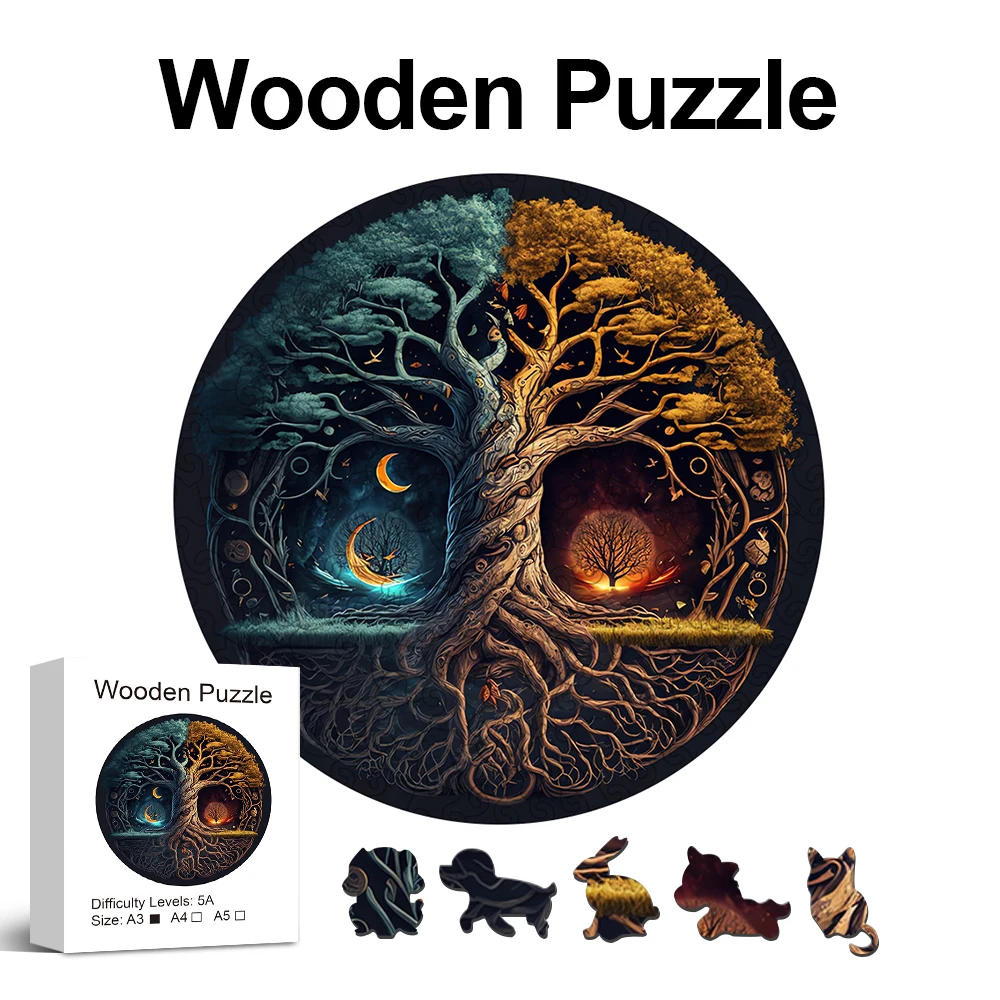 Yin-Yang Lebensbaum Holzpuzzle für Erwachsene, tierförmige Teile, Stressabbau-Spielzeug, Geburtstagsgeschenk, Heimdekoration, Familienspiel Image