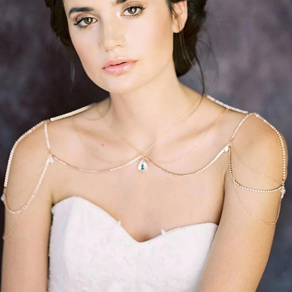 Stone fans einzigartige Strass Schulter kette Hochzeit Braut schmuck sexy Schulter Körper kette bling Kristall Wasser tropfen Halskette Image