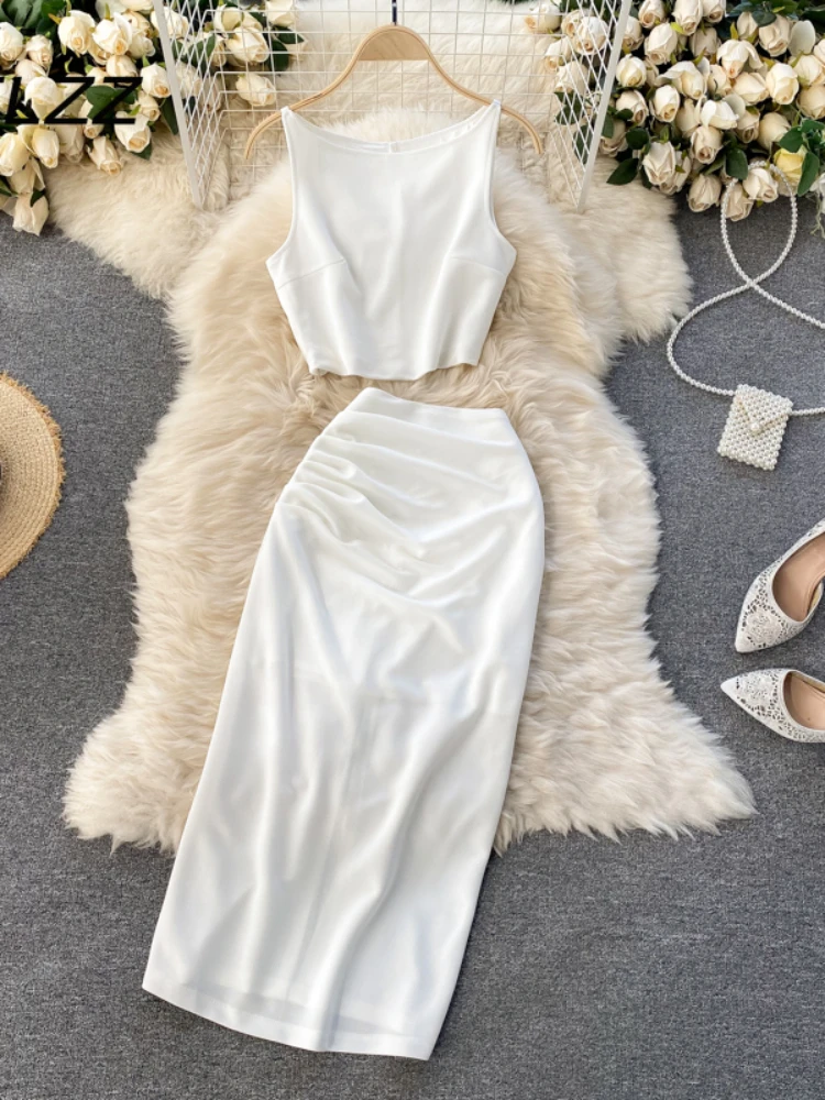 Mode Frauen Zwei Stück Sets Sommer Ärmellose Sexy Crop Tops und Midi Wrap Rock Outfits Damen Elegante 2 Pcs Anzüge kleidung Image