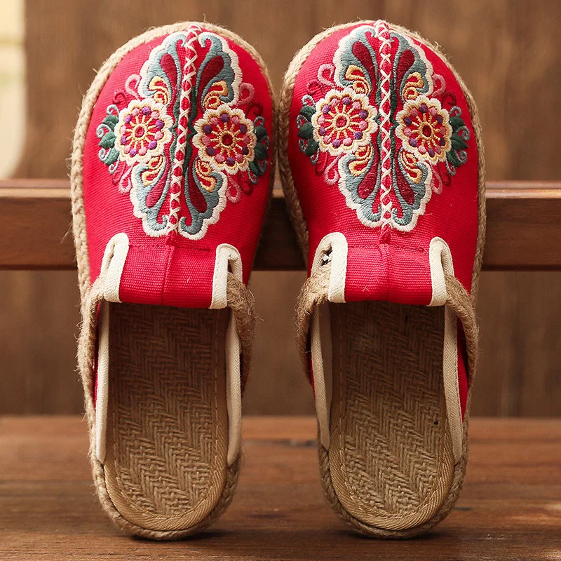 2023 frauen Casual Leinen Handgemachte Stickerei Maultiere Flache Hausschuhe Retro Vegan Sommer Damen Leinwand Bequeme Espadrille Schuhe