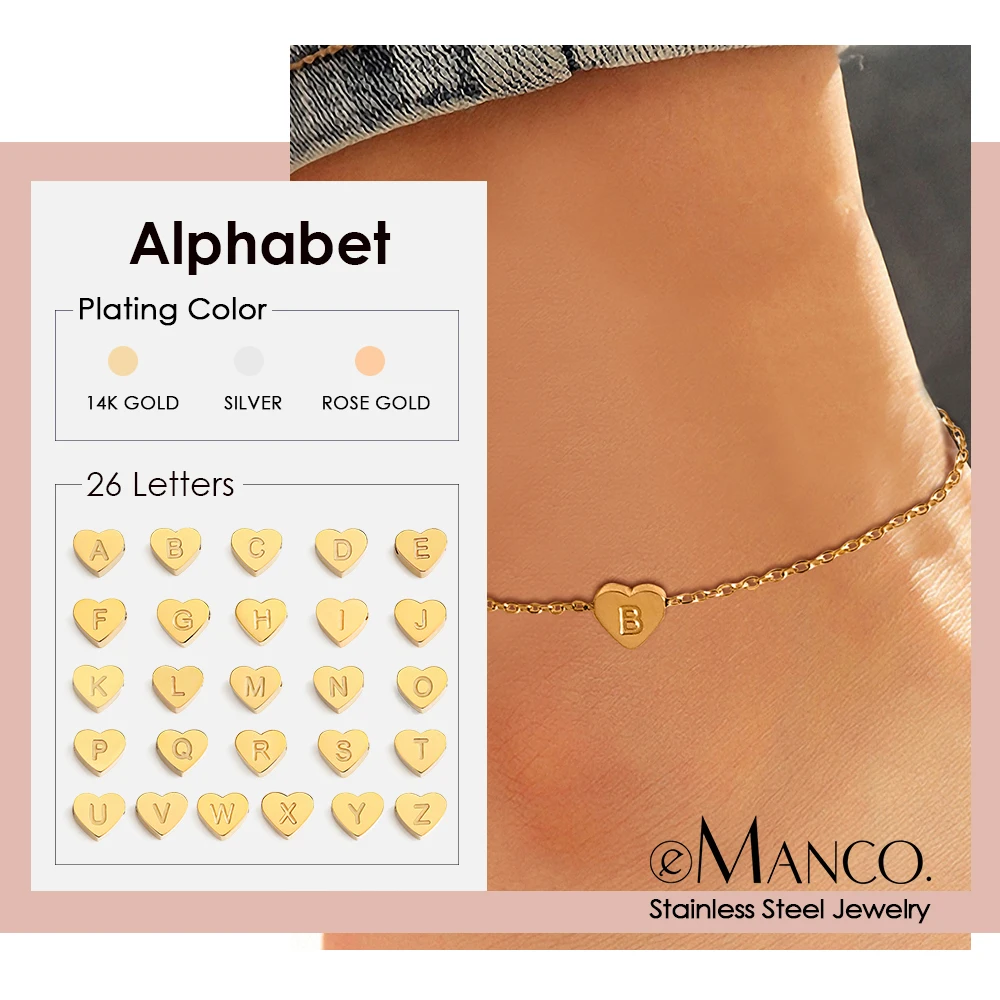 eManco Initialen DIY Herz Fußkettchen Edelstahl Schmuck Name Personalisiertes Fußkettchen Englisches Alphabet Geburtstagsgeschenk für Männer und Frauen Image