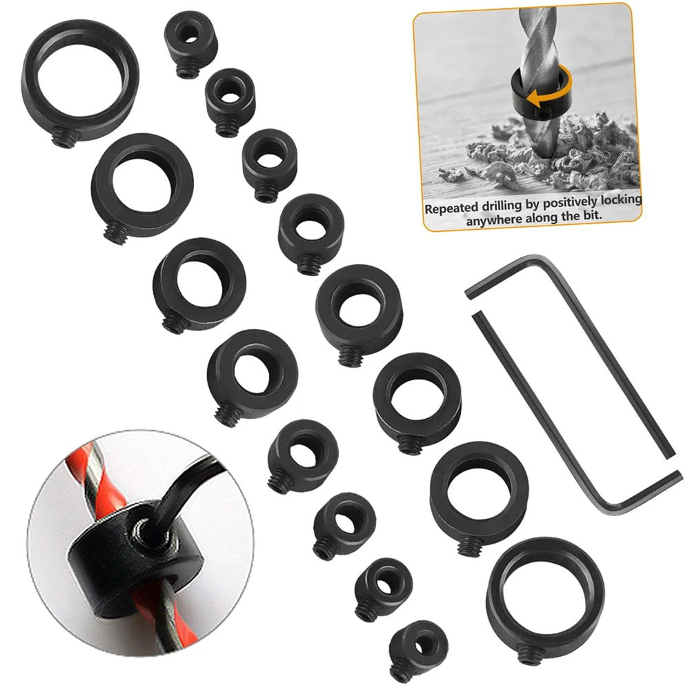 Neue Bohrer Tiefe Stop Bit Kragen Set Einstellbare Stellungs Grenze Ring Inbusschlüssel Straffen Stopper Set-Schrauben Holzbearbeitung Werkzeug Image