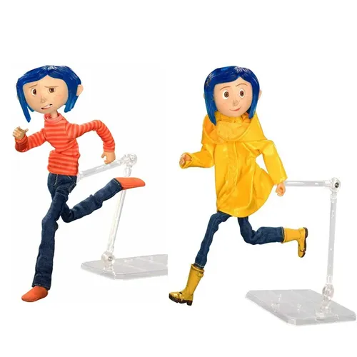 Neca coraline coraline in gestreiften hemd & jeans/in gelb regenmantel pvc action figur modell puppe