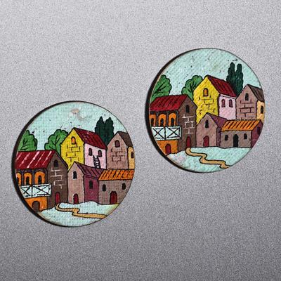 'Hand-Painted Warm-Toned Round Recycled Paper Magnets (Pair)'