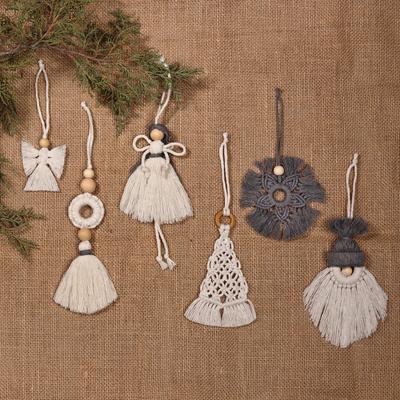 'Set of 6 Christmas-Inspired Grey Cotton Macrame Ornaments'