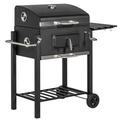 Outsunny Charcoal Grill BBQ Trolley with Adjustable Charcoal Grate, Garden Metal Smoker Barbecue with Shelf, Side Table, Wheels, Built-in Thermometer,