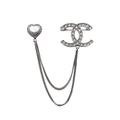 CHANEL Brand New Silver CC crystal Heart Pin Link Brooch