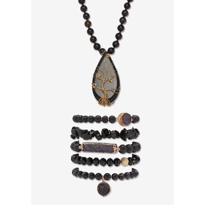 Women's Natural Black Onyx And Genuine Agate Goldtone Necklace And Bracelet Set, 34 Inch by PalmBeach Jewelry in Black