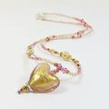 Murano Glass Heart Necklace, Venetian Pendant Necklace Rose Gold W 24Kt Goldfoil, Sterling Silver, Vermeil & Swarovski Crystal