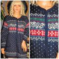 Vintage 80S Navy Red Green Snowflake Pure Wool Chunky Knit Cardigan L Xl 1980S Nordic Danish Pockets