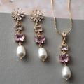 Gold Pink Bridal Necklace & Earring Set, Boho Wedding Earrings, Blush Set, Jewelry Pearl Earrings
