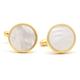 Yellow Gold Plated Round Cuff Links With Iridescent White Seashell Stone For Men's Formal Suit Gift Bag & Black Jewellery Box