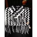 English Rose Chunky Crochet Scarf With Fringe, Black & White Infinity Knit Scarf, Winter Cowl For Women, Ladies Afghan Shawl Wrap