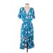 J.Crew Mercantile Casual Dress - Midi Plunge Short sleeves: Blue Floral Dresses - Women's Size 2X-Small