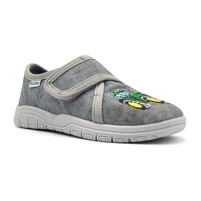 Hausschuh RICHTER "Mailo", Kinder, Gr. 27, Normalschaft, grau (grau, traktor), Textil, bedruckt, casual, Schuhe, Klettschuh, Kindergarten Schuh mit Traktor-Motiv Image