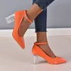 Ankle Strap Pimp Kristalle Schnalle 7cm Transparent Quadrat Pumpen Frauen Schuhe Chunky Ferse Mode Patent Leder Plus Größe 30-48