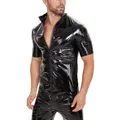 S-7XL Shiny Faux PU Leather Jackets Short Sleeve T Shirt Wet Look PVC Tshirt Tights Sexy