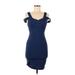 Fashion Nova Cocktail Dress - Bodycon V-Neck Short sleeves: Blue Solid Dresses - Women's Size Medium