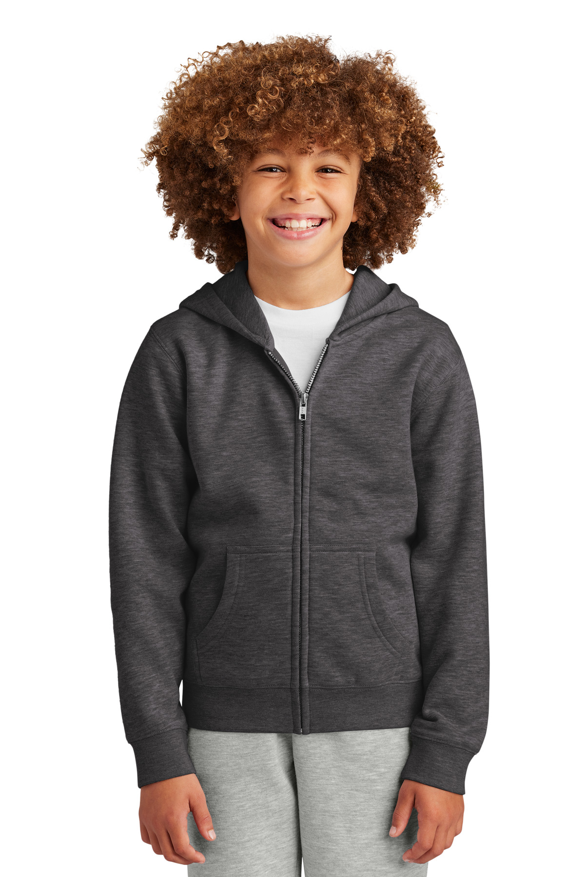 District DT6102Y Youth V.I.T. Fleece Full-Zip Hoodie in Heather Charcoal size Medium | Cotton/Polyester Blend