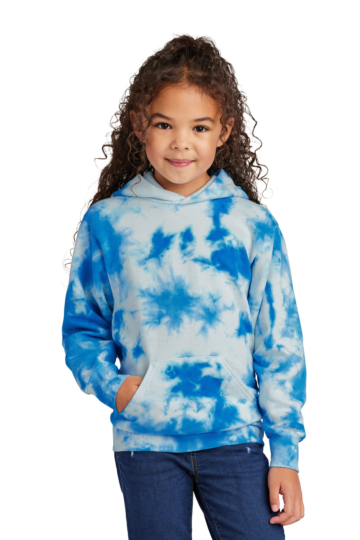 Port & Company PC144Y Youth Crystal Tie-Dye Pullover Hoodie in True Royal Blue size Medium | 80/20 cotton/Polyester blend