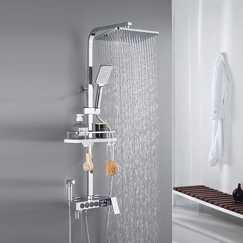 Duscharmatur mit LED-Anzeige, Thermostat-Mischventil-Set, Handbrause inklusive, Auszug/Regal, Regendusche, galvanisierte Außenmontage, Keramikventil, Badewanne, Dusche, Mischbatterien Image