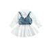 FOCUSNORM Toddler Baby Girls Summer Outfits Long Sleeve Ruffle Shirt Dress with Denim Vest 2Pcs Fall Casual Clothes