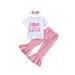 FOCUSNORM Toddler Little Girl Birthday Summer Outfits Three/Four/Five Sweet Letter Donut Print Short Sleeve Tops Flared Pants Outfits