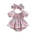 Canrulo Newborn Baby Girl Smocked Romper Dress Floral Print Short Puff Sleeve Ruched Jumpsuit Bodysuit with Headband Set Pink 6-9 Months