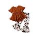 Canrulo Toddler Baby Girls Summer Outfits Short Sleeve Ruffle Hem Dress Top Cow Print Flared Pants 2Pcs Clothes Khaki 3-4 Years