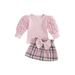 Frobukio Toddler Baby Girls 2Pcs Skirts Outfits Long Puff Sleeve Tops Plaid Skirt Sets Baby Spring Clothes