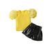 Canrulo Toddler Baby Girls Summer Clothes Mesh Short Sleeve Rib T-Shirt Tops and Bandage Leather Shorts Clothes Yellow 2-3 Years