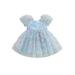 Canrulo Toddler Baby Girl Princess Dress Puff Sleeve Tulle Dress Flower/Butterfly A-line Birthday Party Tutu Dress Blue Flower 2-3 Years