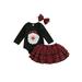 Canrulo Newborn Baby Girls Christmas Clothes Long Sleeve Santa Romper+Plaids Skirt+Headband Set Red Black 3-6 Months