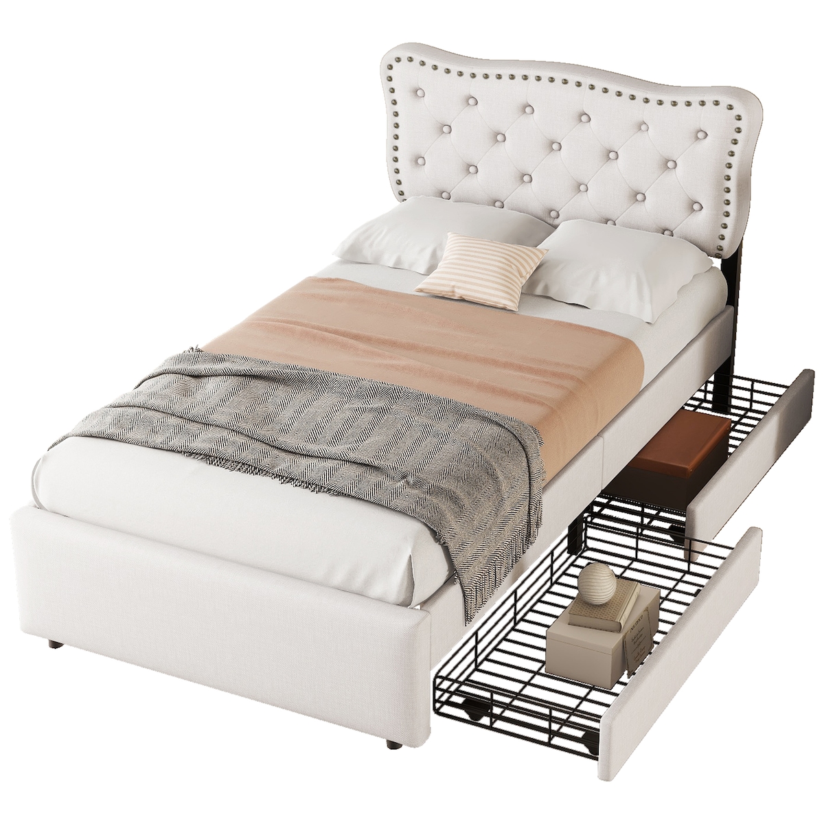 Merax 90*200 cm flaches Bett, gepolstertes Bett, Nachttischpolsterung mit dekorativen Nieten, doppelte Schubladen, Hellbeige Image
