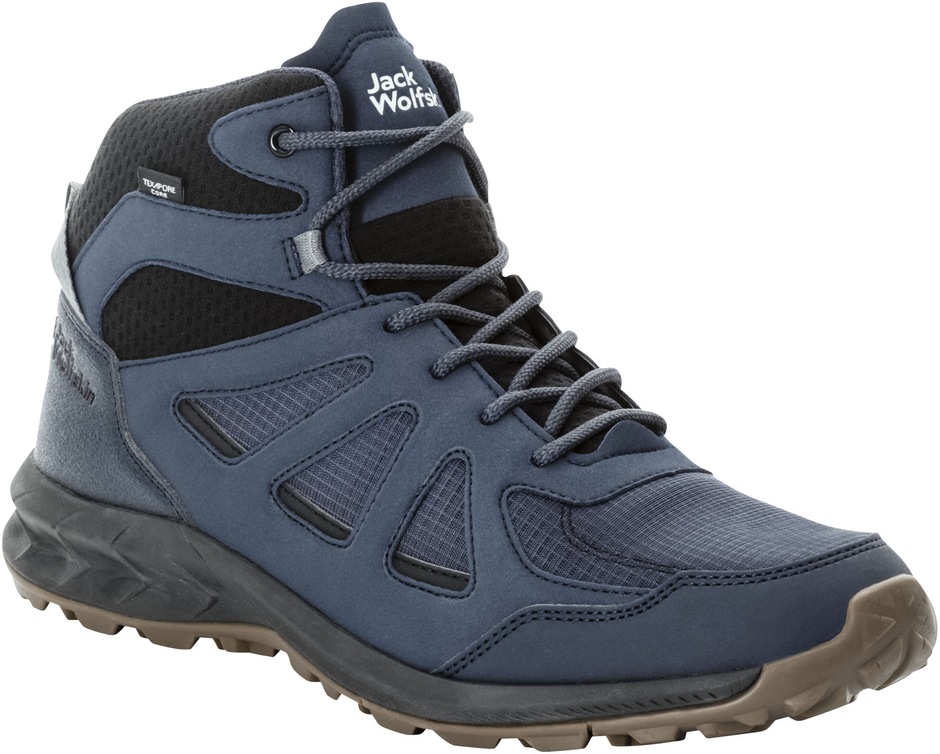 Wanderschuh JACK WOLFSKIN "WOODLAND 2 TEXAPORE MID M", Herren, Gr. 44, blau, Synthetik, Textil, Schuhe Wanderschuh, wasserdicht, Trekkingschuh